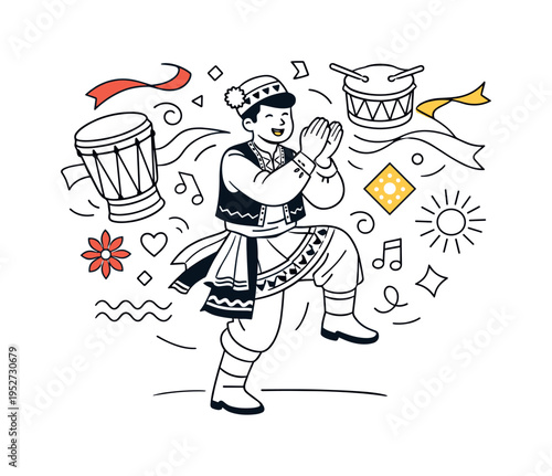 Local Folk Festival. A person in a traditional costume clapping hands and moving to music during a cheerful community celebration. Floating drums, ribbons, and
