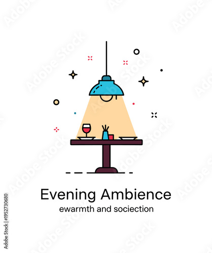 Warm lighting restaurant evening setting with a compact pendant light above a small round table silhouette, conveying welcoming hospitality and intimate dining