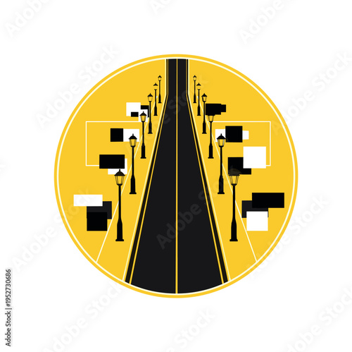 Top-down conceptual composition of a monochrome moon rover silhouette placed inside a bold yellow circle, surrounded by small abstract dots and linear grid