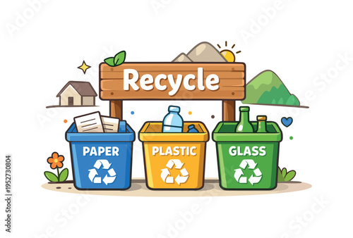 Community recycling point in a remote village small grouped containers for paper plastic and glass arranged near a wooden sign with the word Recycle creating a
