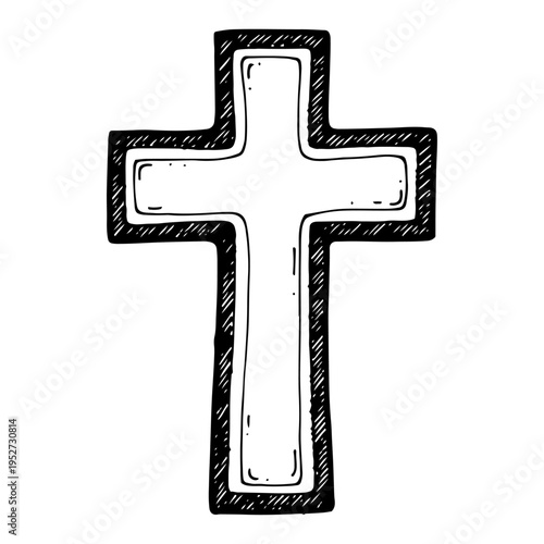 Christian wooden cross symbol in hand drawn doodle style