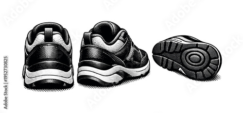 Sneakers rear heel A realistic sneaker heel counter shown in three views: rear view, side rear angle, and bottom heel view, focusing on support structure and