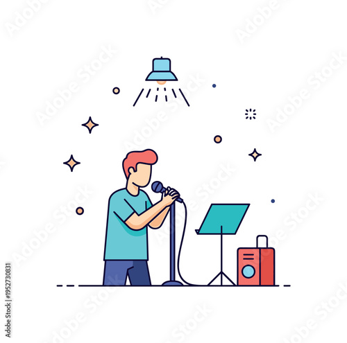 Backstage rehearsal concept featuring a singer practicing with a small music stand and subtle spotlight outline above, symbolizing preparation and dedication