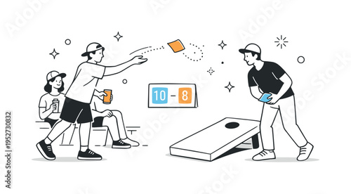 Friendly Cornhole Match. Two players focused on tossing bean bags while friends watch nearby, small scoreboard card showing a playful score like ???. Calm