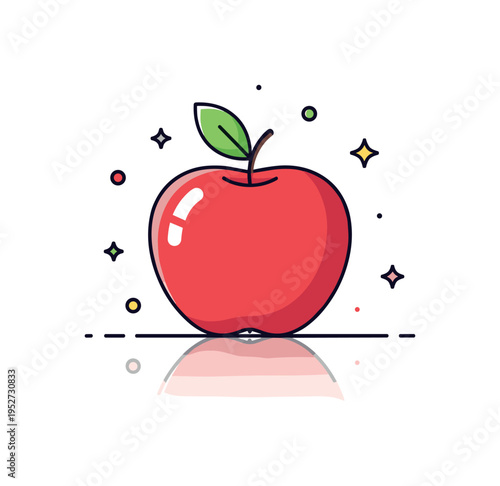 Juicy apple concept centered on a single glossy fruit with a clean reflection stripe and a subtle shadow beneath, conveying ripeness and appetizing appeal. The