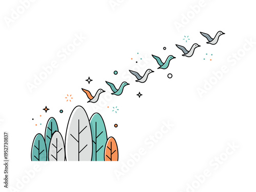 Flock of birds in V formation soaring upward together, symbolizing teamwork, direction and seasonal migration. The cohesive editorial layout emphasizes unity