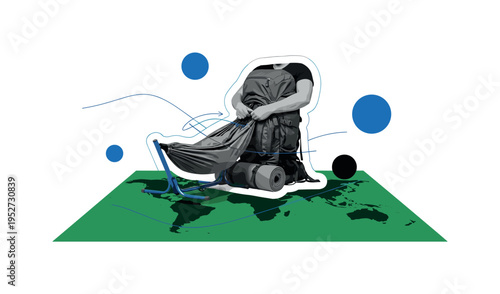 Black and white image of traveler packing hammock into backpack, large green rectangular block grounding the composition as earth element, thin blue curved