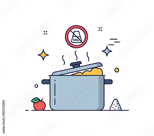 Home cooking with less salt scene illustrated through a pot with steam accents and a small no salt symbol hovering above, conveying mindful preparation and