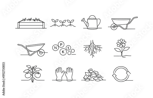 Garden Benefits of Composting. Minimalistic set one-line drawing [raised garden bed, seedlings, watering can, compost spreader, wheelbarrow, soil nutrients