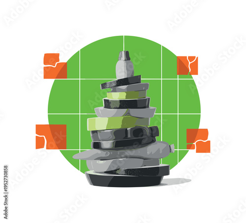 Black and white stack of vegetables arranged into clean geometric mound, bright green circle behind intersected by thin grid lines referencing meal planning,