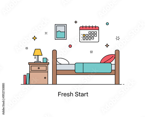 Cozy minimalist dorm corner showing a bed, a small nightstand with lamp and a simple wall calendar. Balanced layout and a gentle ?Fresh Start?