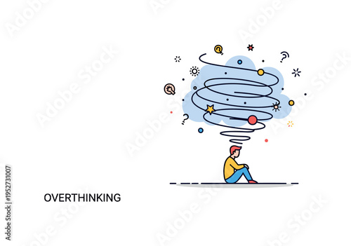 Overthinking spiral concept featuring a small figure seated beneath a cloud of swirling lines and scattered symbols, conveying confusion, restlessness, and