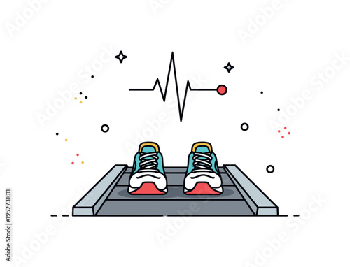 Ready to run moment focused close up of running shoes centered on the treadmill track with minimal pulse line accent above, expressing anticipation and drive.