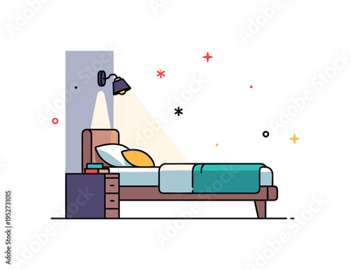 Modern apartment bedroom with dim light illustrated through a low bed frame and subtle wall sconce casting soft light, expressing intimacy and restful design.