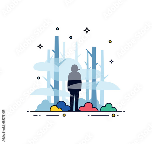 Foggy woodland scene lone silhouette partially veiled by soft translucent shapes suggesting mist between trees. A quiet editorial icon about mystery and