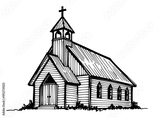 Wooden church building with cross in hand drawn sketch style