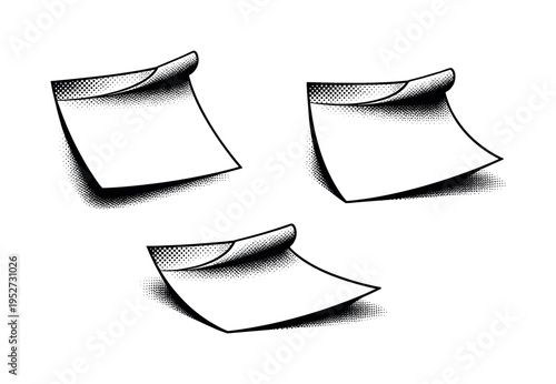 Sticky notes ? single peeled sticky note. A realistic single peeled sticky note depicted as the same object in three views, highlighting lifted adhesive edge,