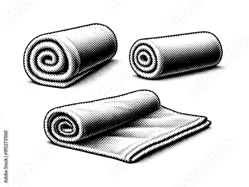 Hand towel ? rolled bathroom hand towel with cylindrical form and layered fabric edge, shown rolled tight, partially unrolled, and side profile to define