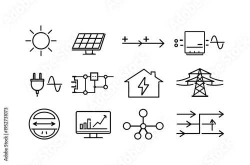 Solar Energy System. Line icon set of Solar Energy System: sun source icon, solar panel input, DC electricity flow, inverter conversion, AC power output,