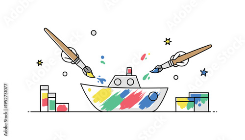 Kids painting toy boats illustration centered on a small boat with colorful brush strokes while children hold paintbrushes nearby, expressing artistic freedom