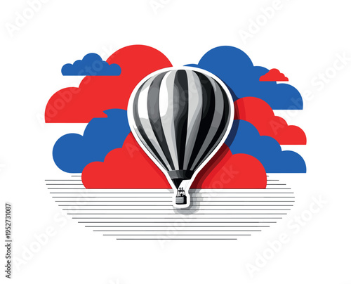Black and white vintage hot air balloon centered in composition, bold red and cobalt blue flat geometric shapes forming abstract clouds, thin horizontal line