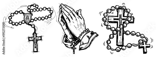 Praying hands with rosary and christian cross set in detailed hand drawn sketch style