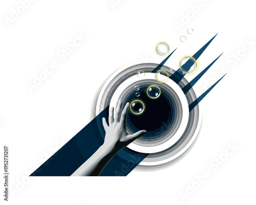 A realistic monochrome child?s hand reaching toward floating bubbles, dynamic diagonal lines emphasizing upward movement, oversized circular backdrop