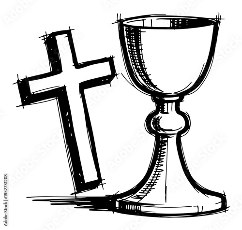 Holy chalice and wooden cross religious symbols in hand drawn sketch style