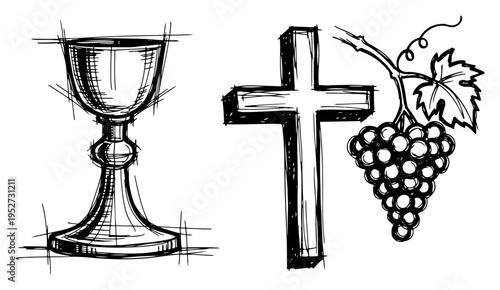 Chalice cross and grapes bunch for religious ceremony in hand drawn sketch style