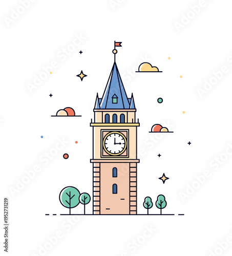 Clock tower European architecture inspiration shown as a narrow tower with a pointed roof and round clock element, expressing classic design and cultural