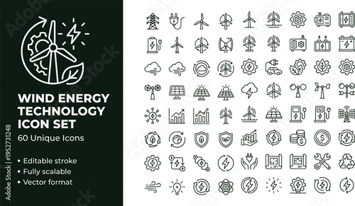 Wind energy technology line icon set with renewable power turbines green electricity and sustainable environment symbols