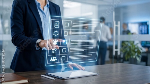 Businessman interacting with holographic cybersecurity interface on tablet , AI Governance Compliance Audit concept