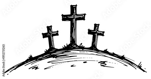 Three wooden crosses on Calvary hill in hand drawn sketchy line art style