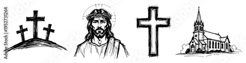 Christian religious icons set featuring Jesus church and crosses in hand drawn sketch style