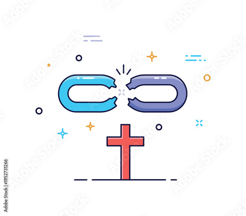 Biblical miracle of restoration illustration built around a broken chain link transforming into a smooth connected form beneath a cross symbol, conveying