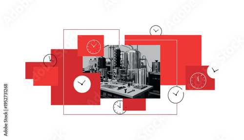 A monochrome distillery workspace with tools and measuring cylinders, surrounded by red rectangular blocks and minimal abstract clock icons symbolizing time