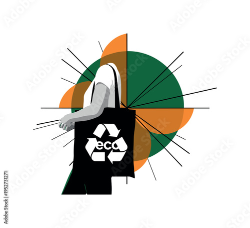Black and white tote bag with eco symbol held firmly, large deep green circular disc behind intersected by warm orange semicircles, thin black linear accents