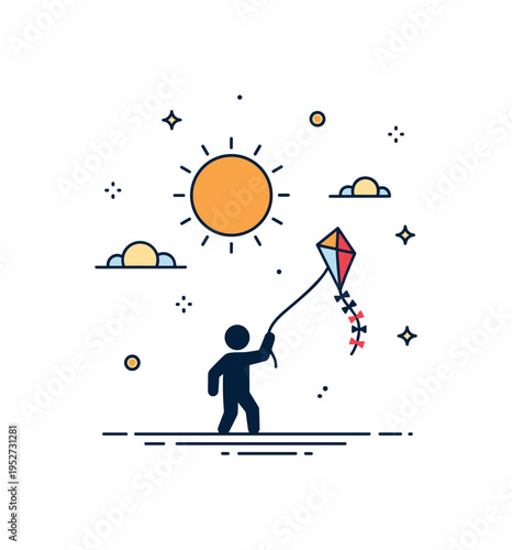 Kite flying sunset silhouette theme shown as a darkened small figure holding a kite string beneath a round sun icon, symbolizing peaceful evening leisure. The