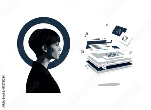 monochrome silhouette of a woman with short hair facing a floating abstract interface, deep navy circular frame behind head, flat rectangular UI-like shapes