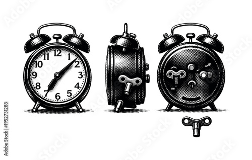 Old wind-up alarm clock A vintage wind-up alarm clock depicted as one object, shown from front, side, and back views with winding key and mechanical details.