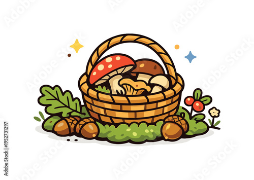 Basket of forest mushrooms resting on soft moss surrounded by oak leaves, acorns, and tiny forest plants that hint at a successful foraging trip. The small