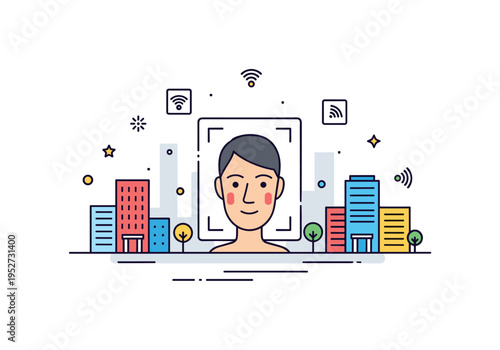 Facial recognition technology in smart city infrastructure centered on a stylized human face framed by a scanning square while simplified buildings and small