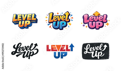 Level Up. Set lettering. harmonious lettering variations of the same emblematic concept, each with different artistic interpretation (3D extruded