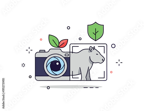 Wildlife conservation photography represented by a camera lens framing a minimal animal silhouette and leaf accents indicating protection of nature. A concise