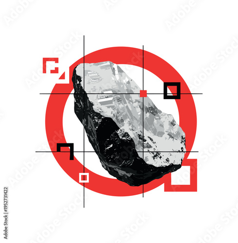 Oversized monochrome mineral fragment cropped dramatically at the edges, framed by a bold red circular shape and intersected by thin black grid lines, abstract