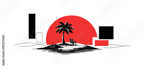 black and white small island with a lone chair under a palm tree, oversized red semicircle sun intersecting the scene, abstract rectangular blocks placed