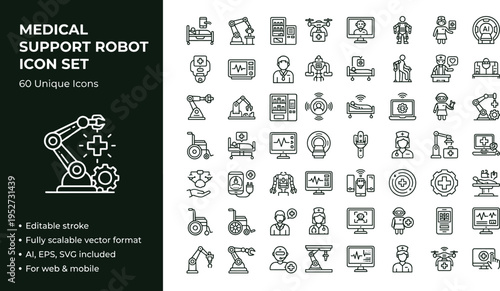 Medical support robot line icon set with healthcare automation robotic assistants and smart hospital technology symbols
