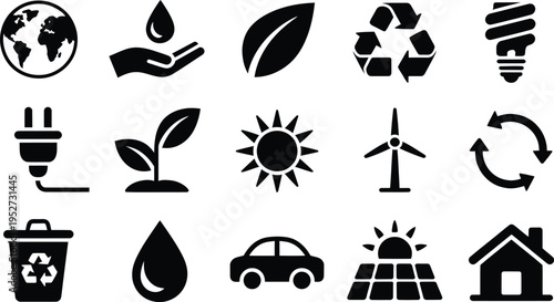 Eco Friendly Icons Set with Green Leaf, Recycling Symbol, Solar Panel and Wind Turbine and Car