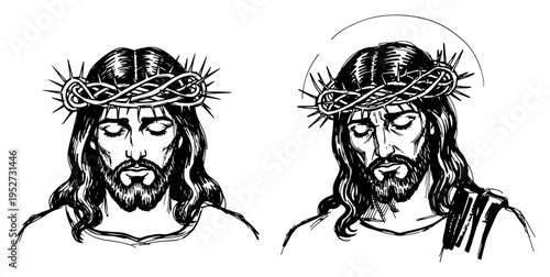 Jesus Christ wearing crown of thorns in detailed religious portrait sketch style