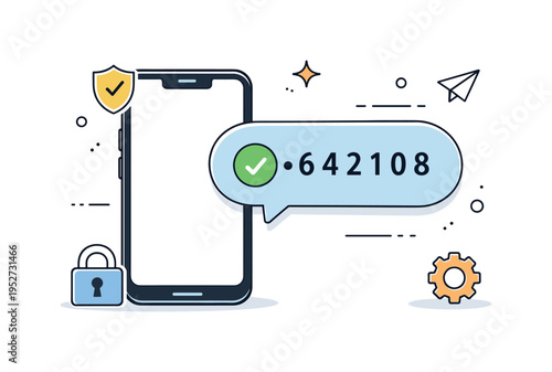 Two factor authentication items. Notification bubble with a verification code appearing next to a phone, calm and controlled security moment. Scene suggests